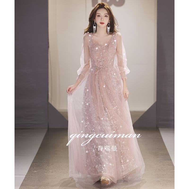 Long-Sleeve V-Neck Sequin Mesh A-Line Evening Gown Product Image