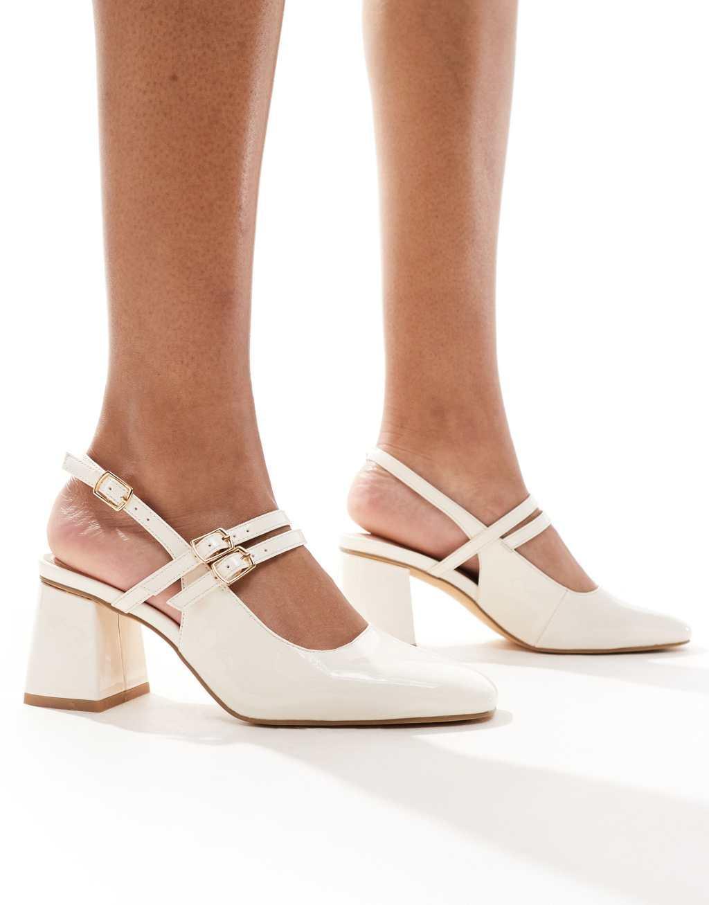 London Rebel Talia wide fit slingback mid block heel in cream Product Image