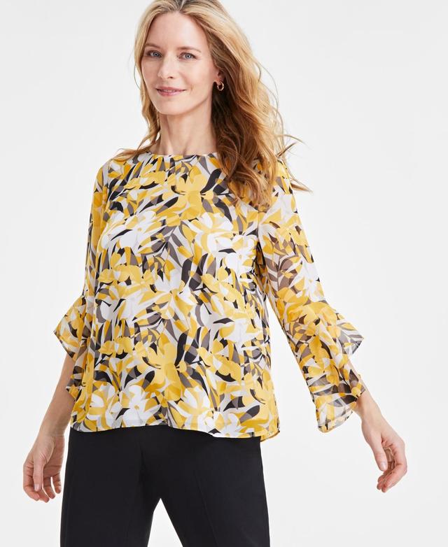 Kasper Womens Floral-Print Ruffle-Sleeve Blouse - Papaya Product Image