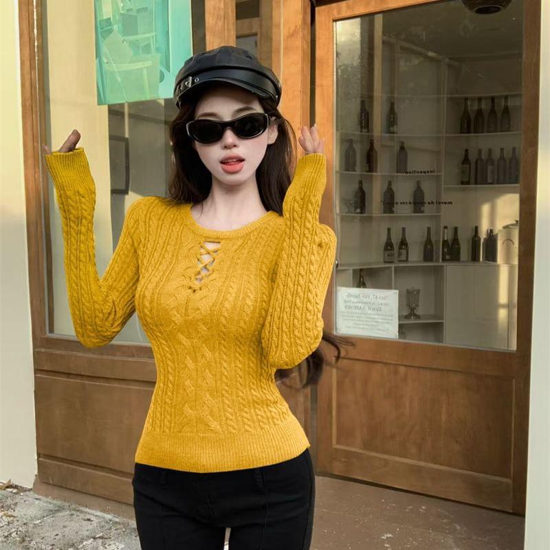 Crew Neck Plain Cutout Cable Knit Sweater Product Image