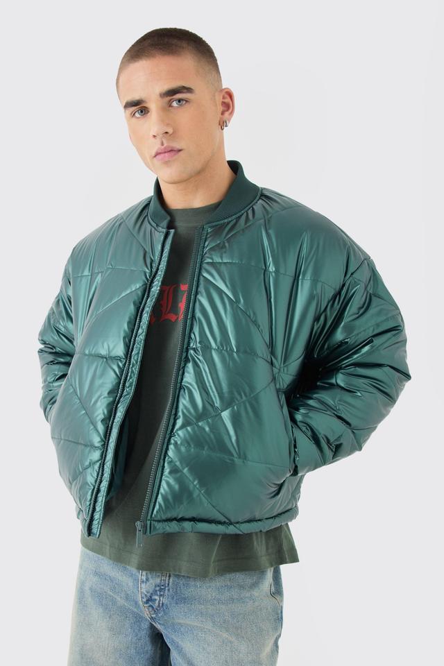 Boxy Metallic Abstract Quilted Bomber In Green | boohooMAN USA Product Image