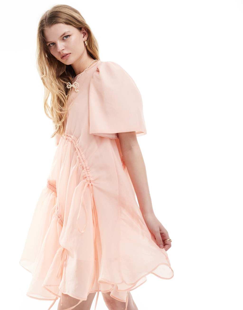 Ghospell asymmetric bow detail mini dress in pink Product Image