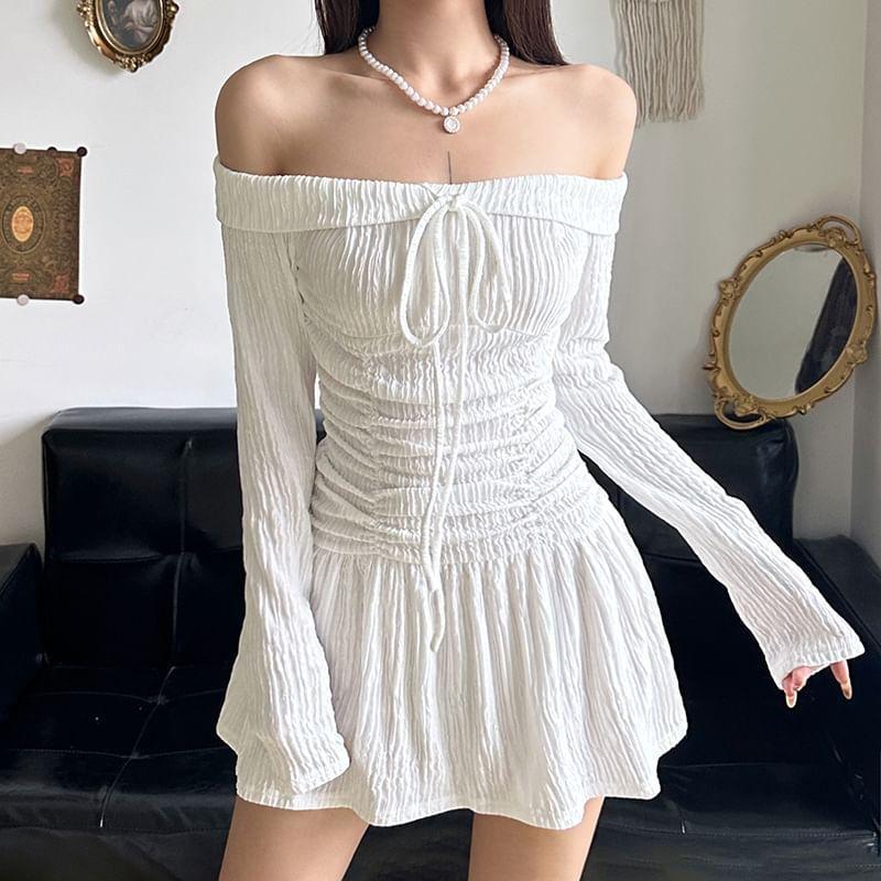 Long-Sleeve Off Shoulder Plain A-Line Dress Product Image