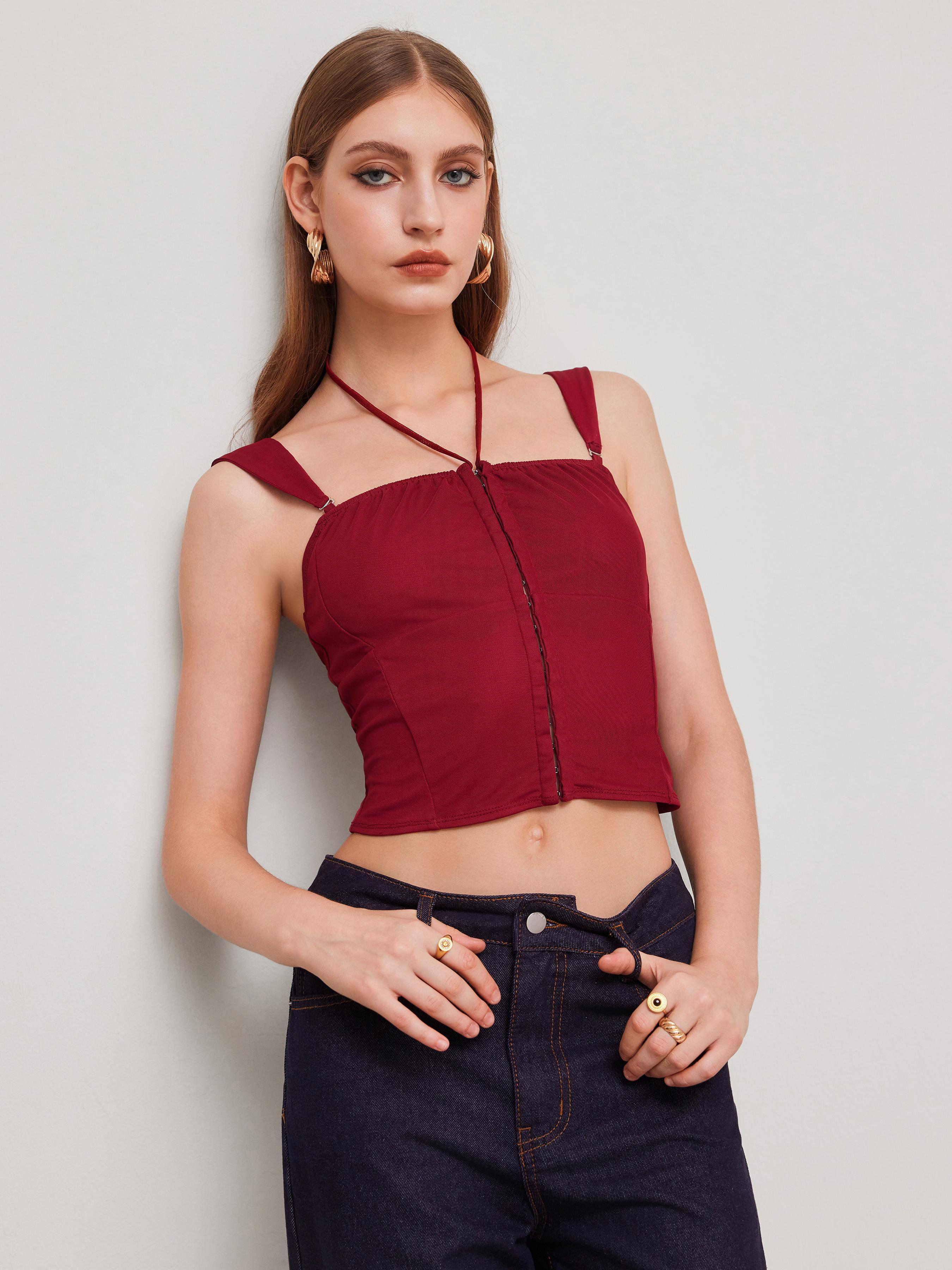 Mesh Square Neck Solid Knotted Crop Tank Top Product Image