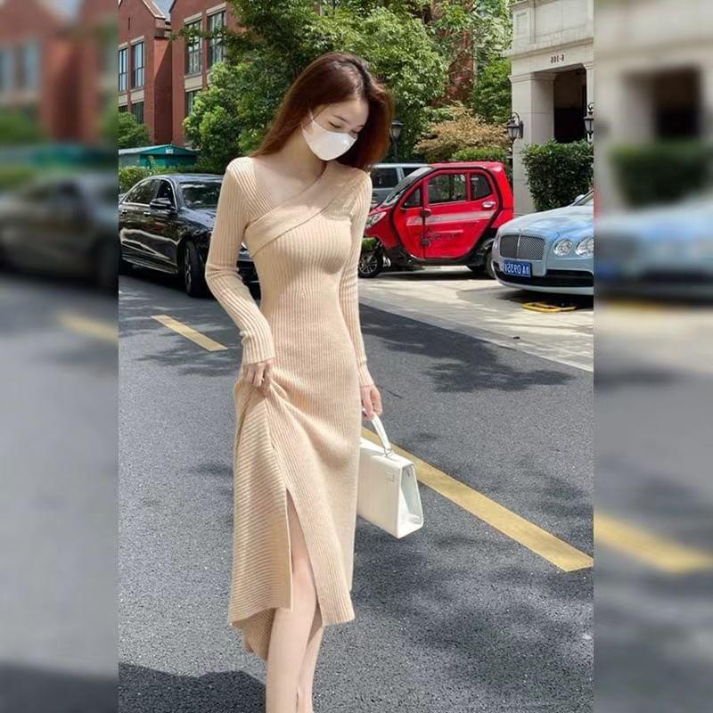 One-Shoulder Long Sleeve Plain Ribbed Midi Knit Dress Product Image