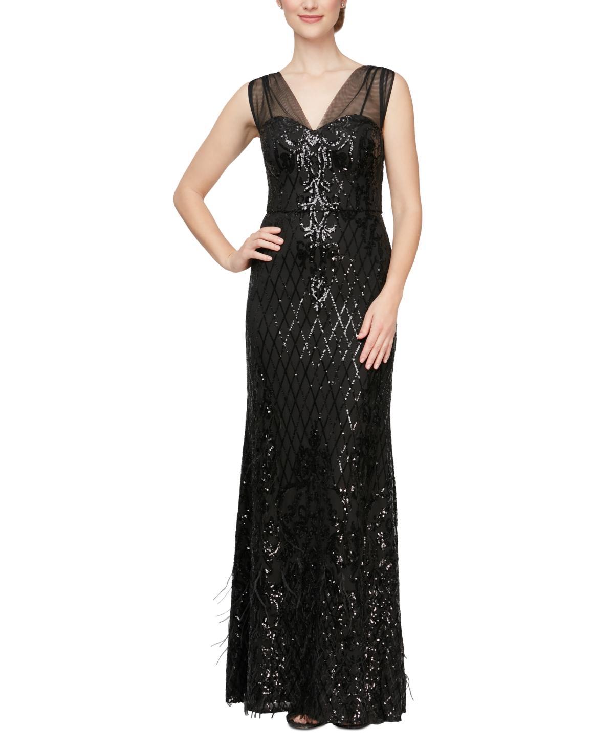 Alex Evenings Womens Sequin Illusion Feather Gown Product Image