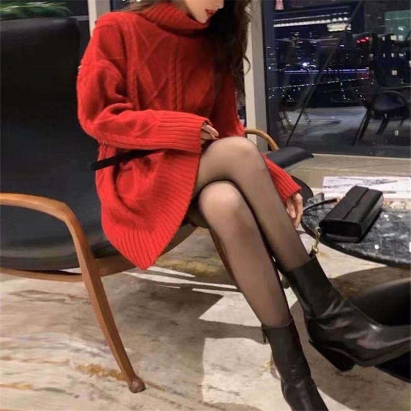 Long-Sleeve Turtleneck Plain Mini Sweater Dress Product Image