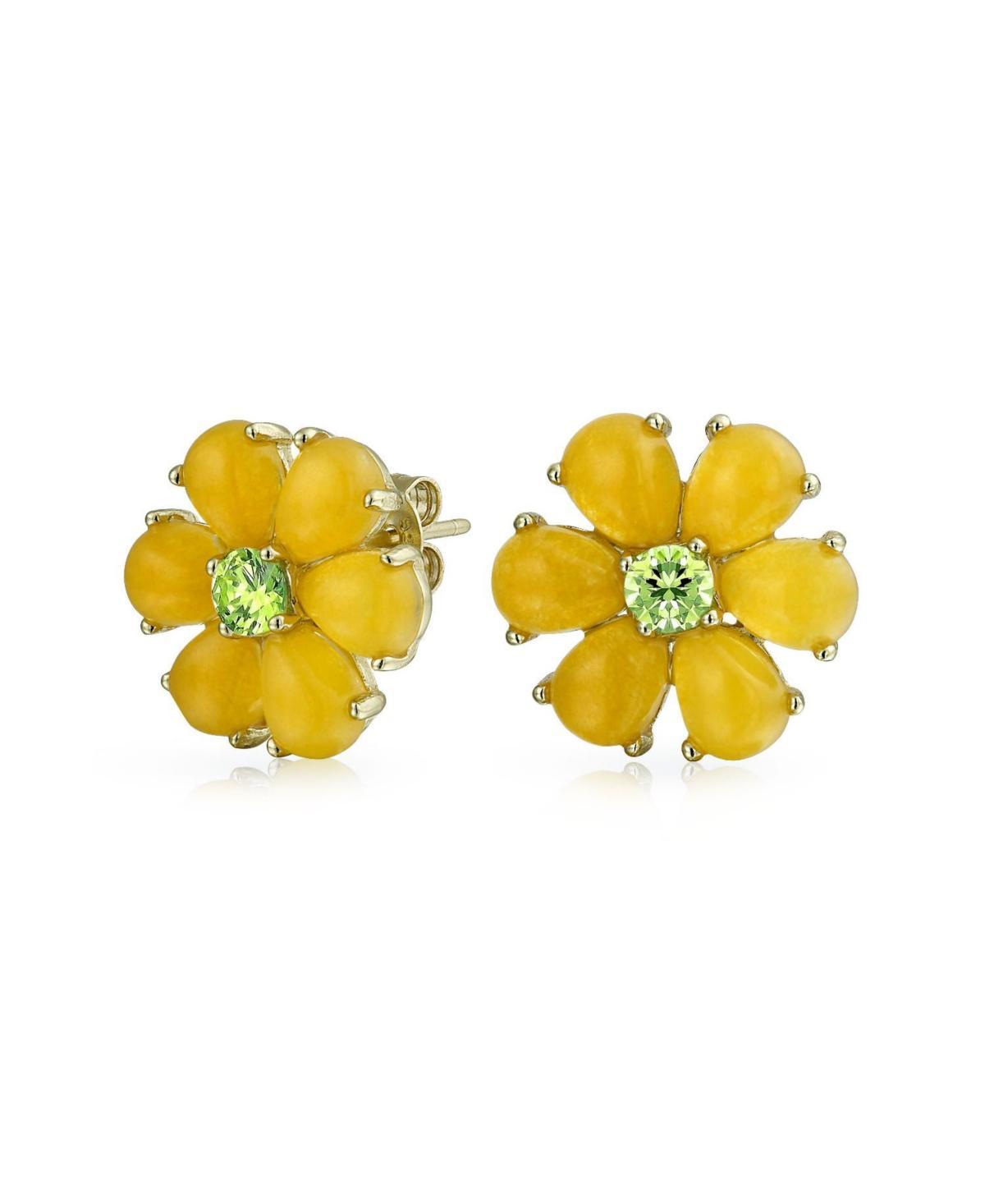 Lemon Dyed Quartz Garden Flower Stud Earrings: Button-Style with Green Cz, Non-Pierced for Women - 14K Gold-Plated .925 Sterling Silver - Yello Product Image