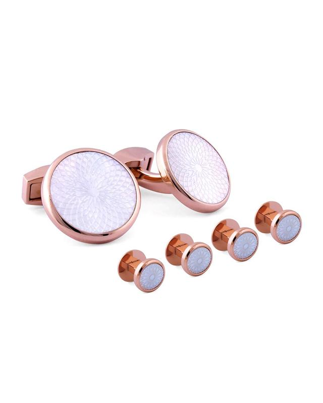 Mens Rotondo Guilloche Mother-of-Pearl Rose Goldplated Cufflinks & Shirt Studs Set Product Image