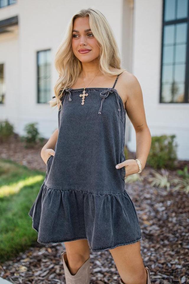 A World Like That Washed Black Tie Strap Denim Dress Product Image