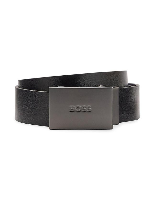 Mens Italian-leather belt with matte plaque buckle Product Image