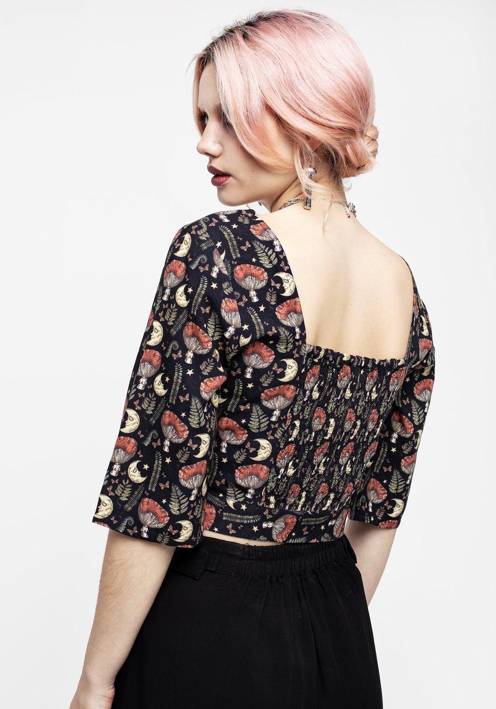 Dreamfast Mushroom Moon Print Button Up Tie Crop Top Product Image