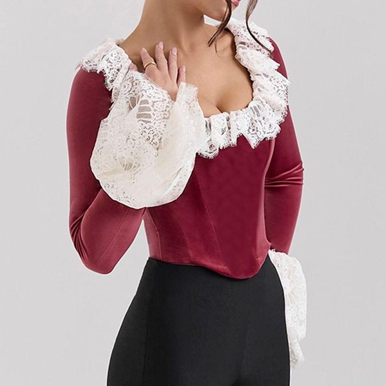 Long-Sleeve Scoop Neck Lace Panel Top Product Image