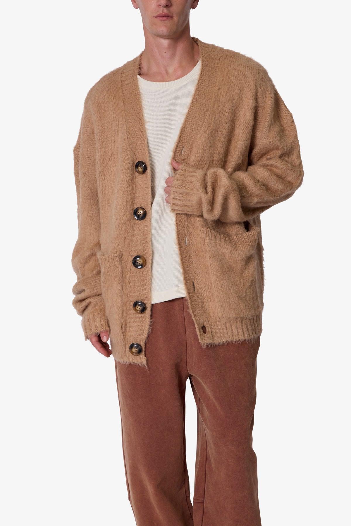 Elongated Fuzzy Cardigan Sweater - Brown Product Image