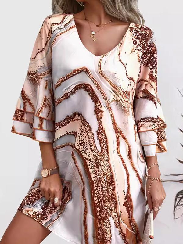 A-Line Flared Sleeves Layered Printed Split-Joint V-Neck Mini Dresses Product Image