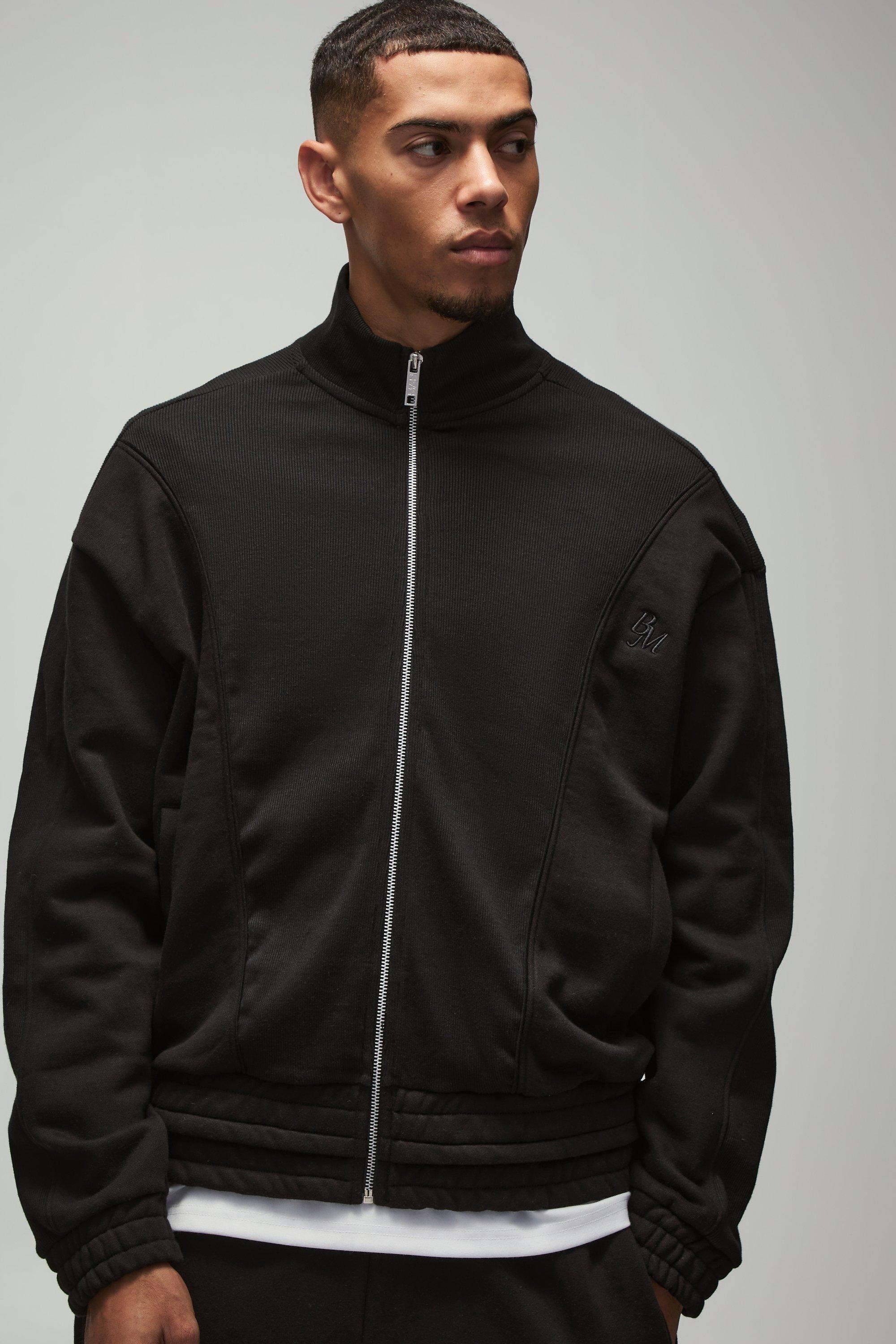 Oversized Heavy Rib Panelled 3D Embroidered Track Top | boohooMAN USA Product Image