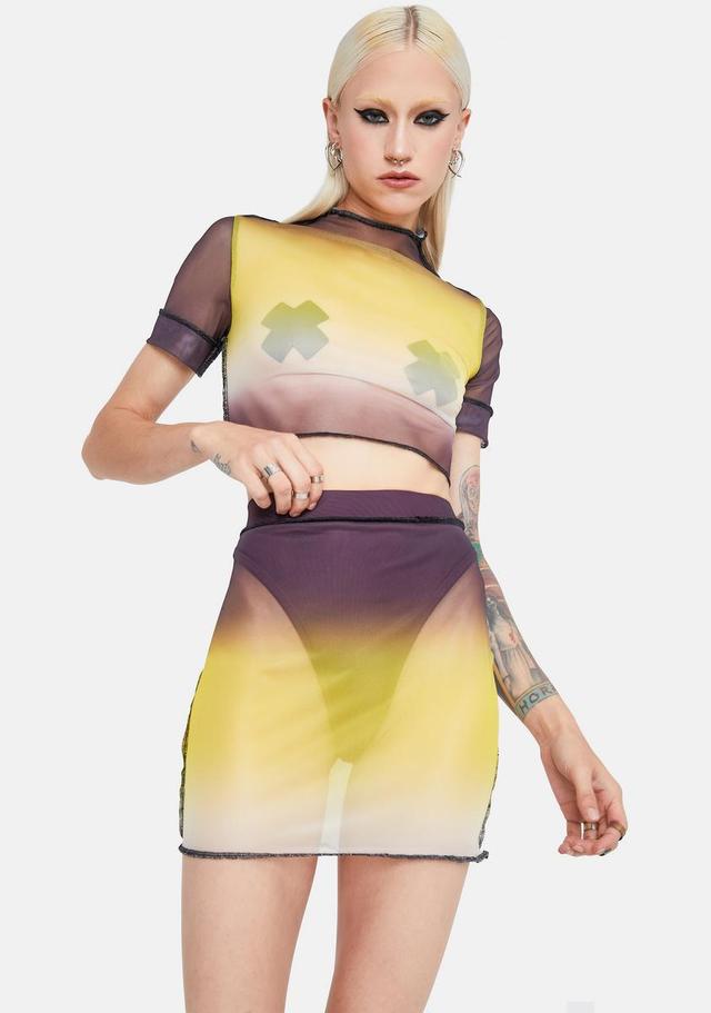 Contrast Stitching Mesh Crop Top Mini Skirt Set - Yellow Product Image