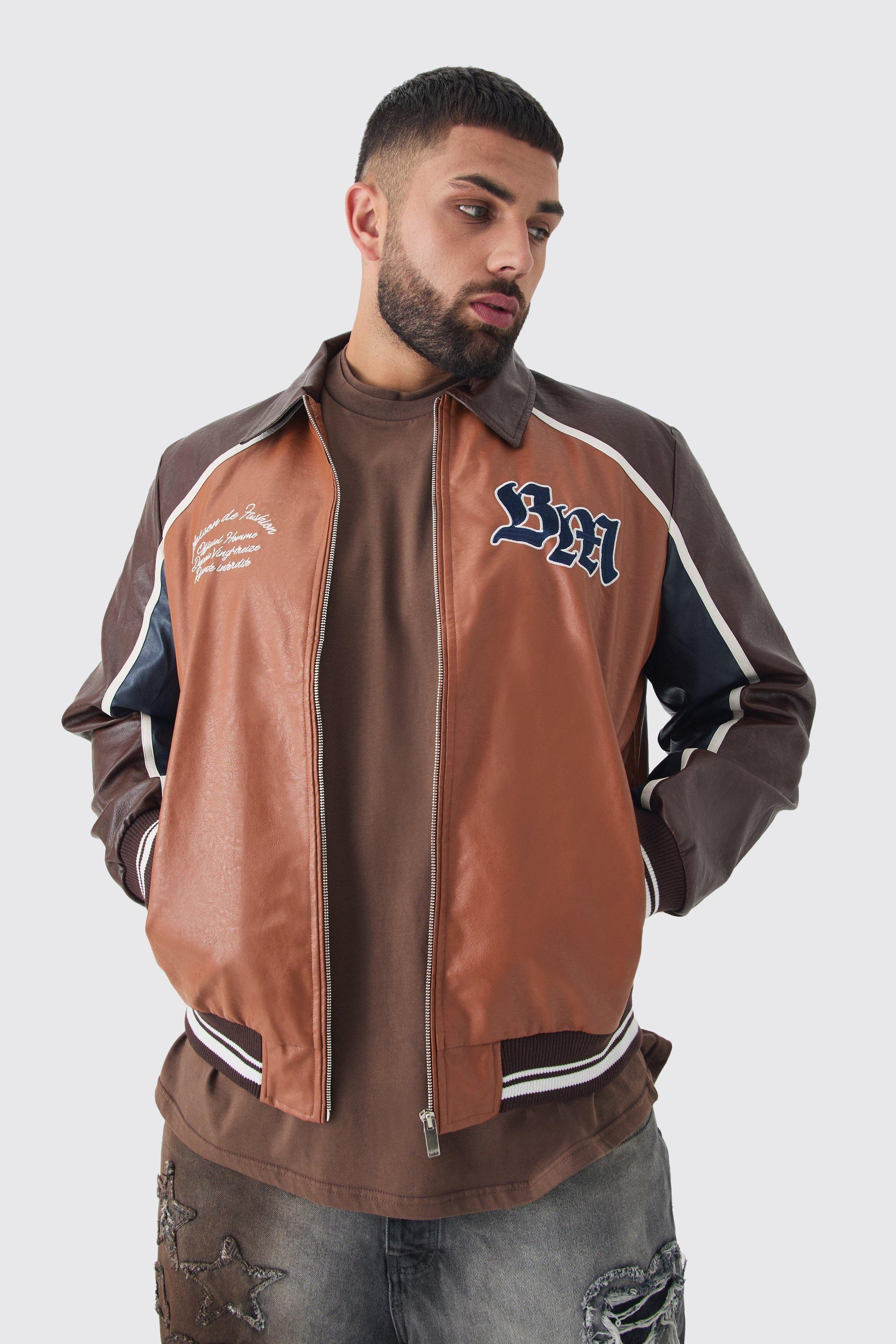 Plus BM Badge Collared PU Varsity Jacket In Brown | boohooMAN USA Product Image