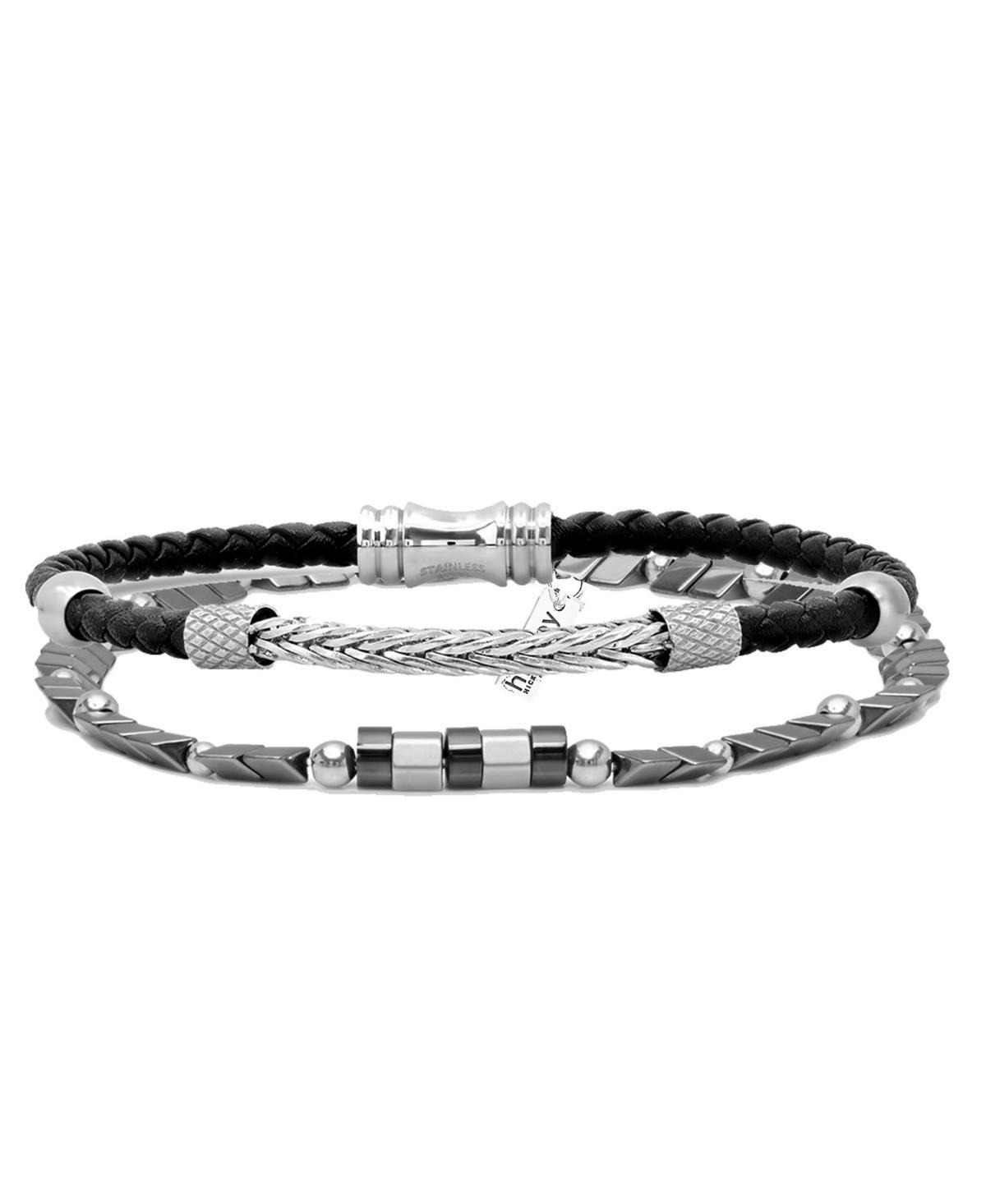 hickey by Hickey Freeman Thin Genuine Leather with Braided Metal Accent Id Hematite Bracelet, 2 Piece Set Product Image