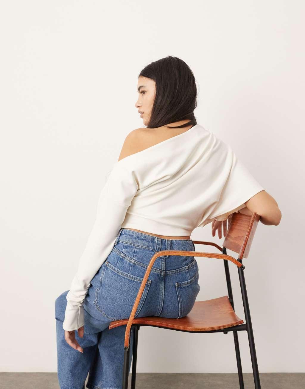 ASOS EDITION one shoulder drape top in white Product Image