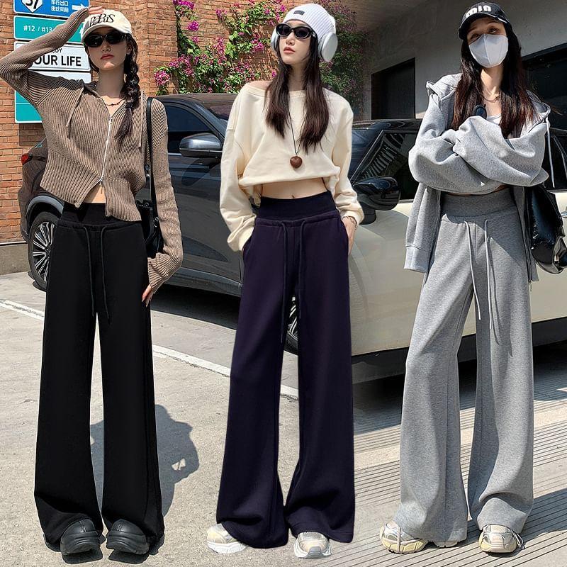 Mid Waist Drawstring Plain Wide-Leg Pants Product Image