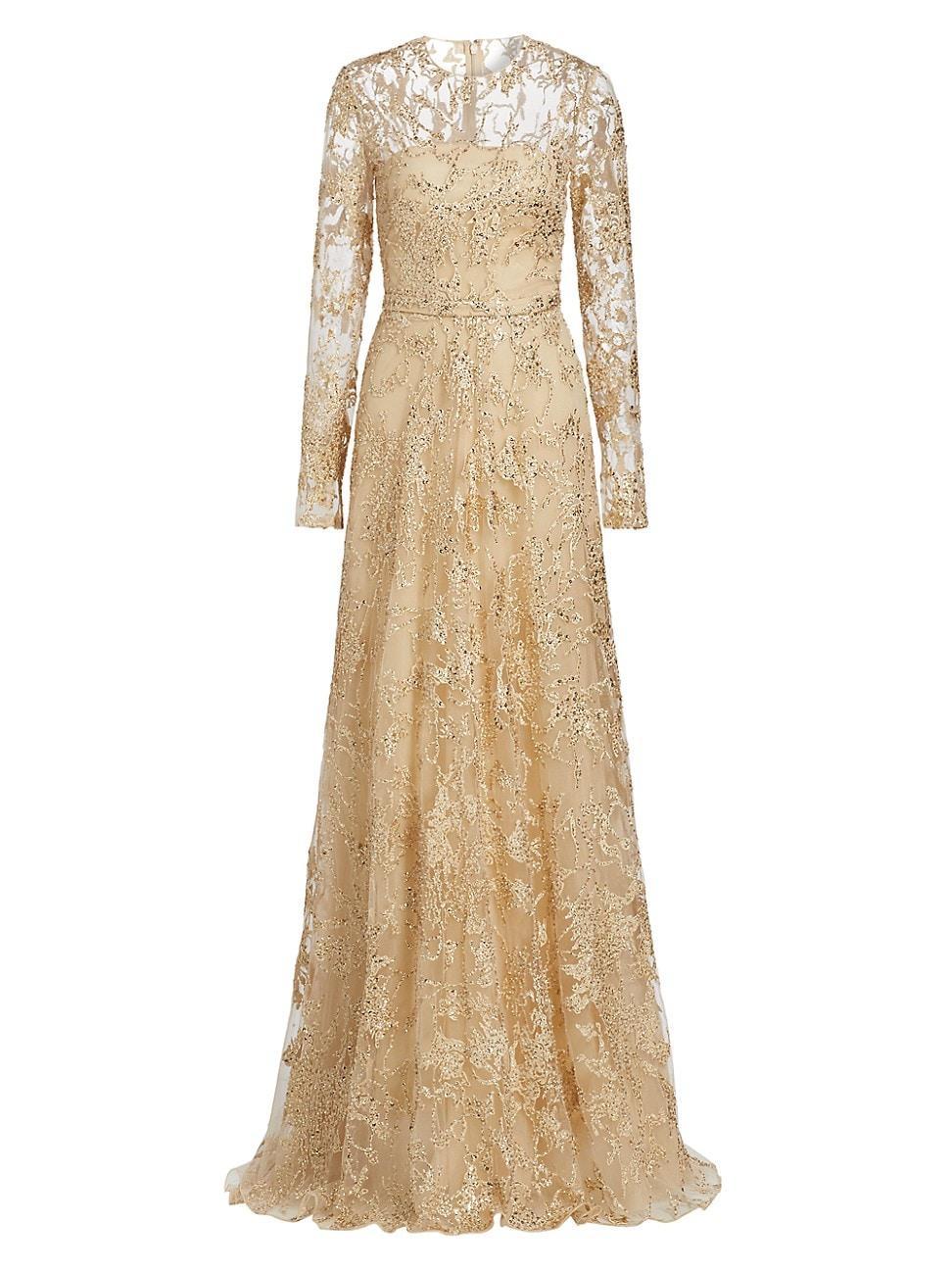 Womens Embroidered Tulle Long-Sleeve Gown product image