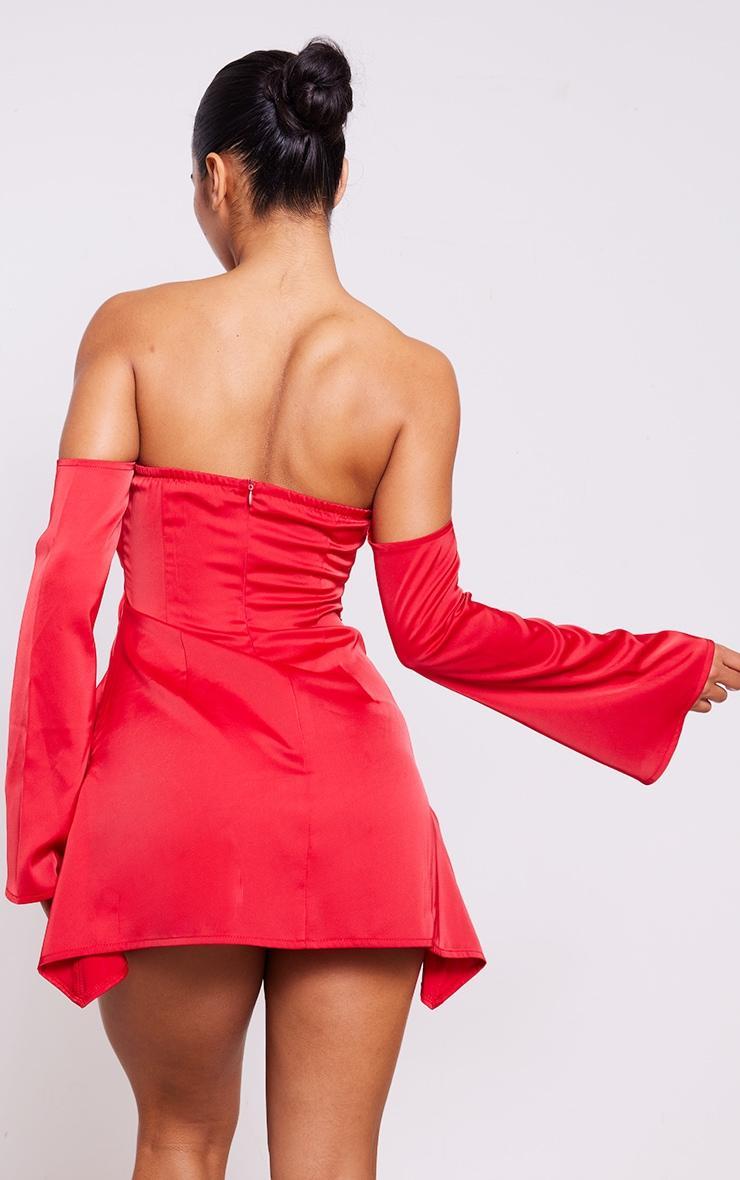 Red Satin Corset Bardot Ruched Long Sleeve Shift Dress Product Image