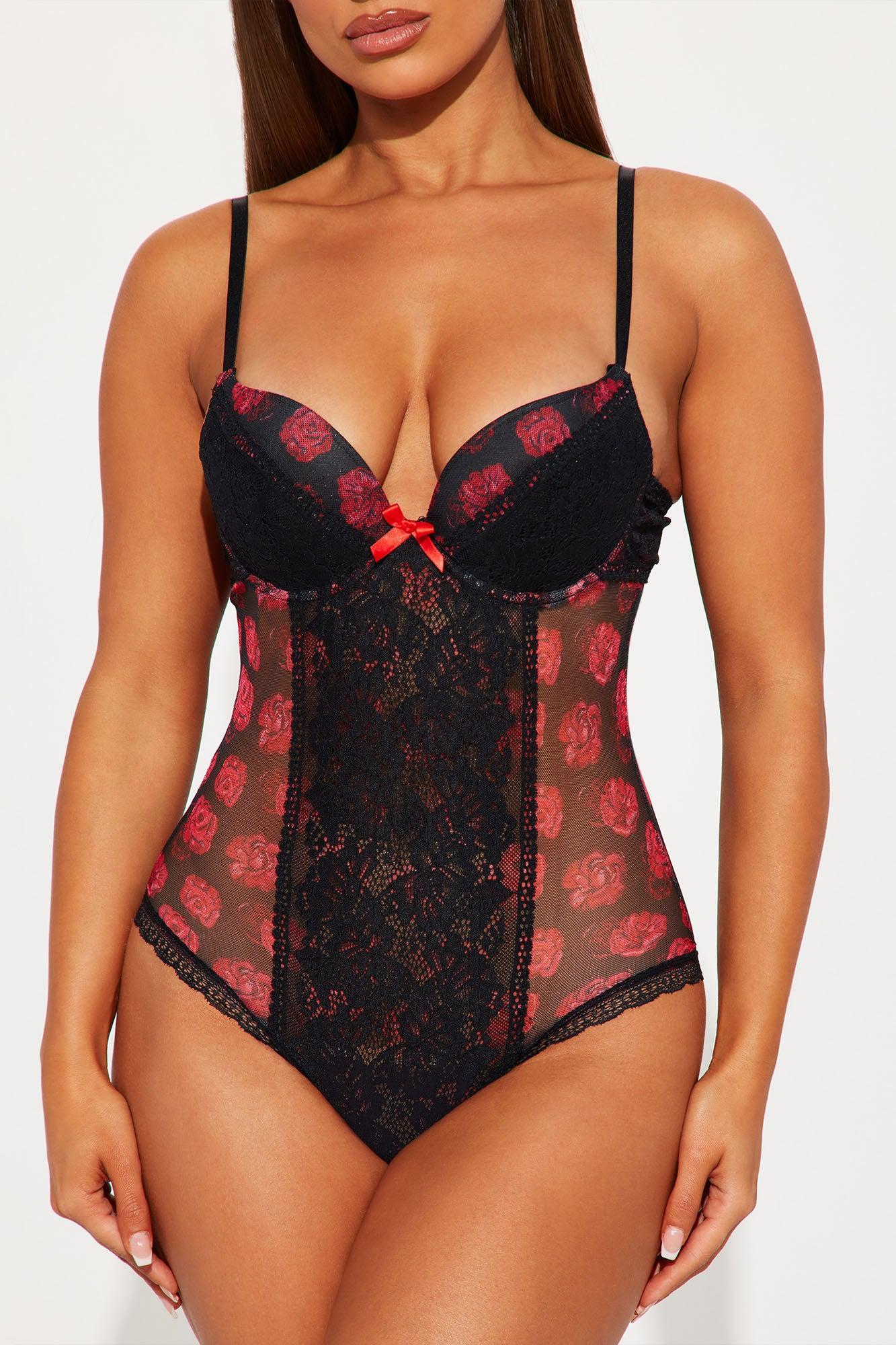 Rose Petals Lace Teddy - Black/Red Product Image