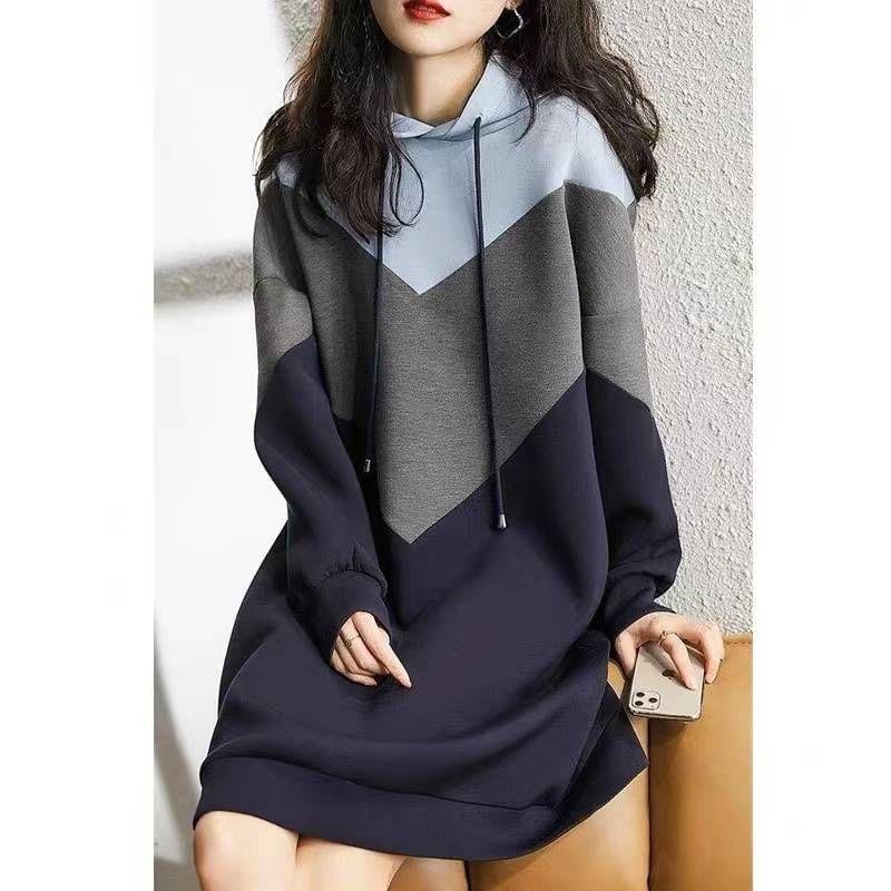 Long-Sleeve Color Block Mini Hoodie Dress Product Image