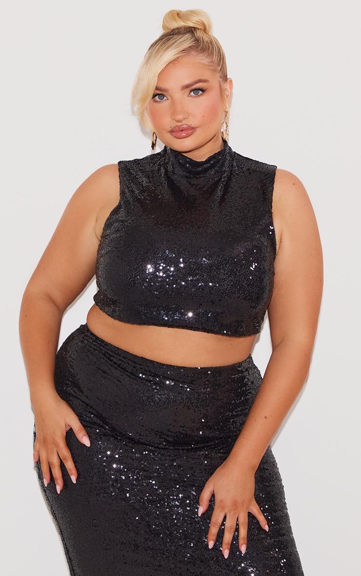 Plus Black Sequin High Neck Crop Top product image