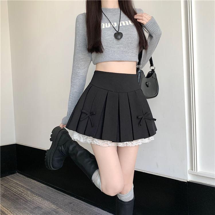 High Waist Plain Bow Lace Trim Pleated Mini A-Line Skirt Product Image