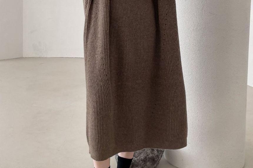 Long-Sleeve Mock-Neck Plain Midi Knit Dress Product Image