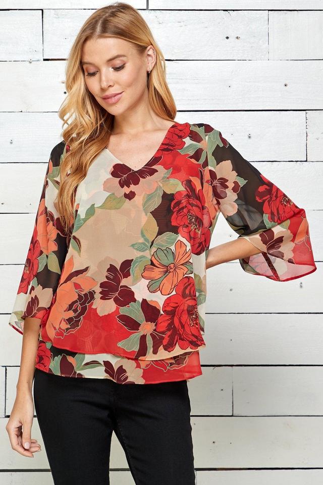 Red Floral 3/4 Sleeve Double Layer Split Back Blouse Product Image