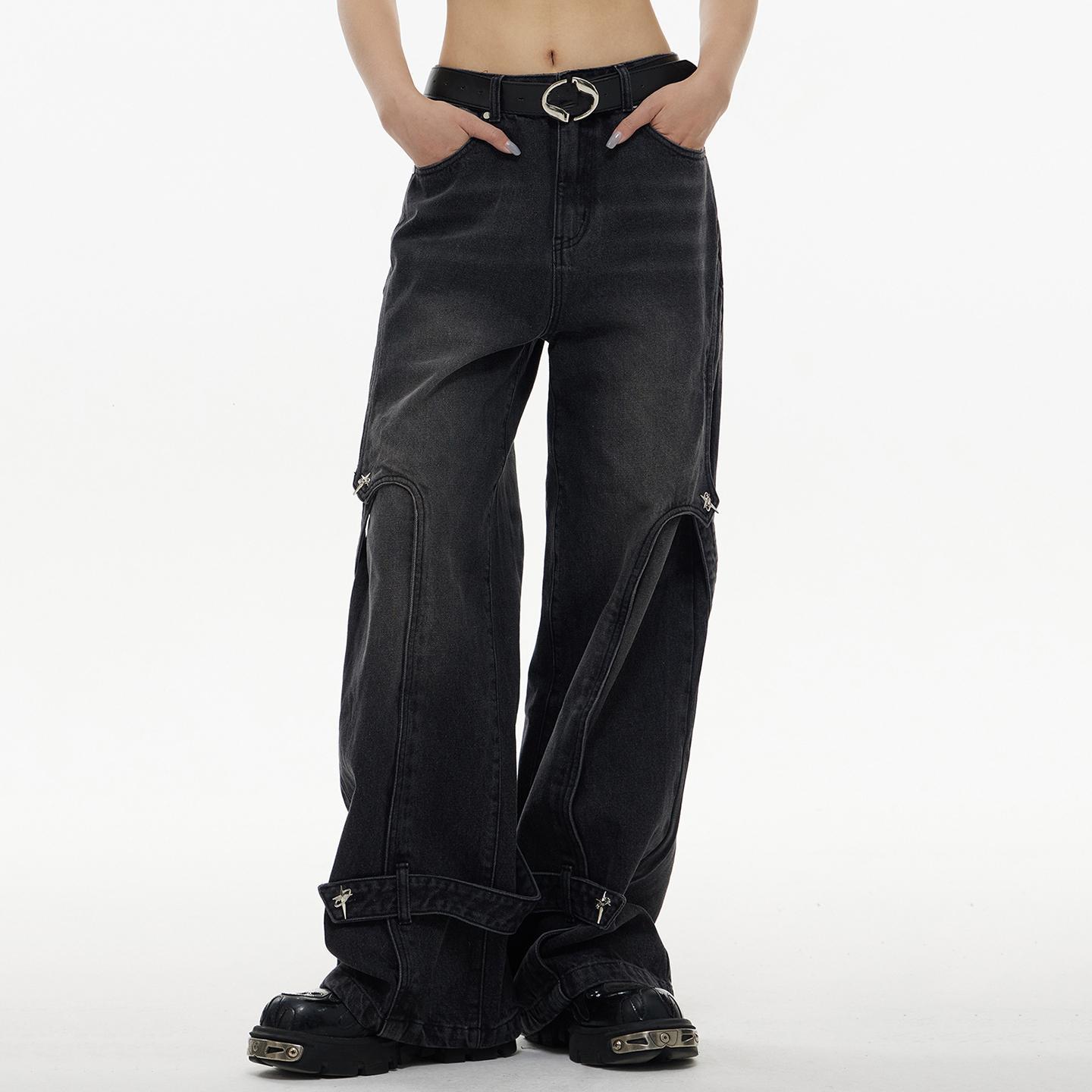 Retro Street Washed Heavy-Duty Patchwork Jeans Product Image