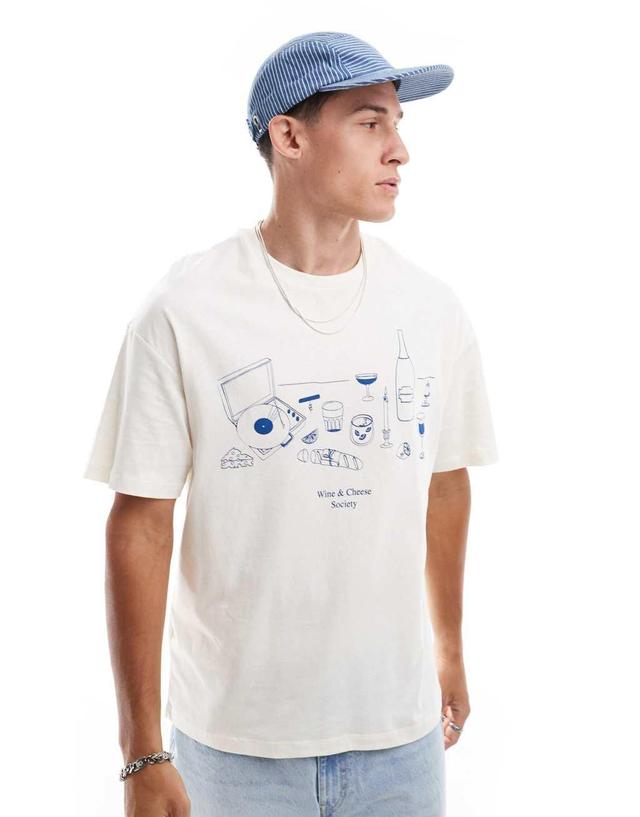 Jack & Jones oversized T-shirt with Wine & Cheese Society print in beige Product Image