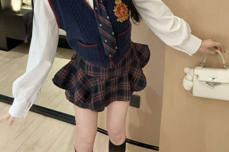 V-Neck Sweater Vest / Plaid Mini Skirt / Long-Sleeve Shirt / Tie / Set Product Image