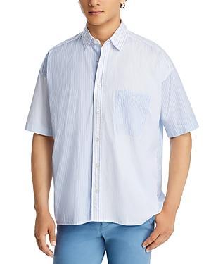 Cotton Color Blocked Pinstripe Relaxed Fit Button Down Shirt In Light Pastel Blue Product Image