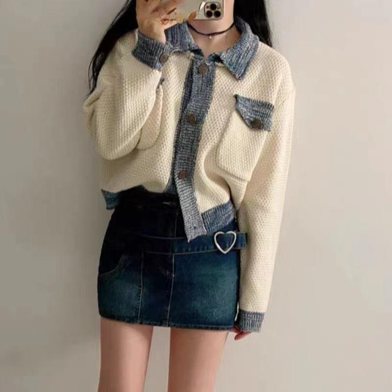 Contrast Collar Button-Up Cardigan Product Image