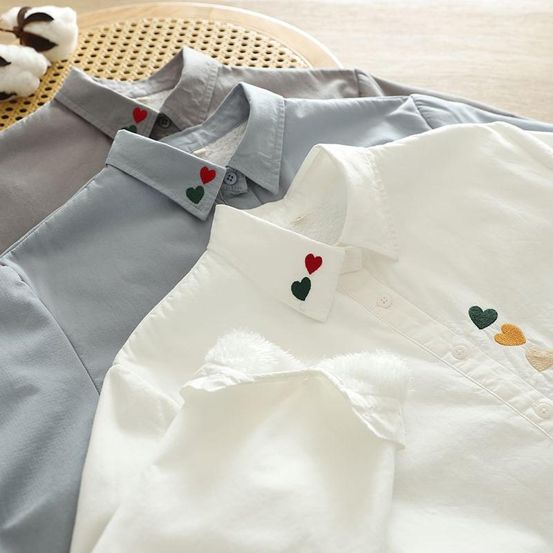 Fleece-Lined Heart Embroidered Button-Up Shirt Product Image