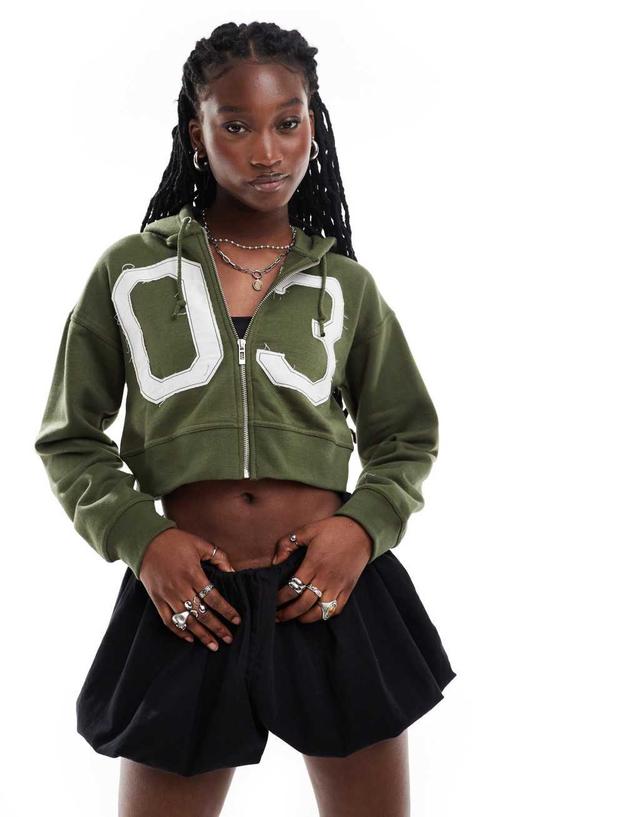 Daisy Street green cropped applique zip up hoodie  Product Image