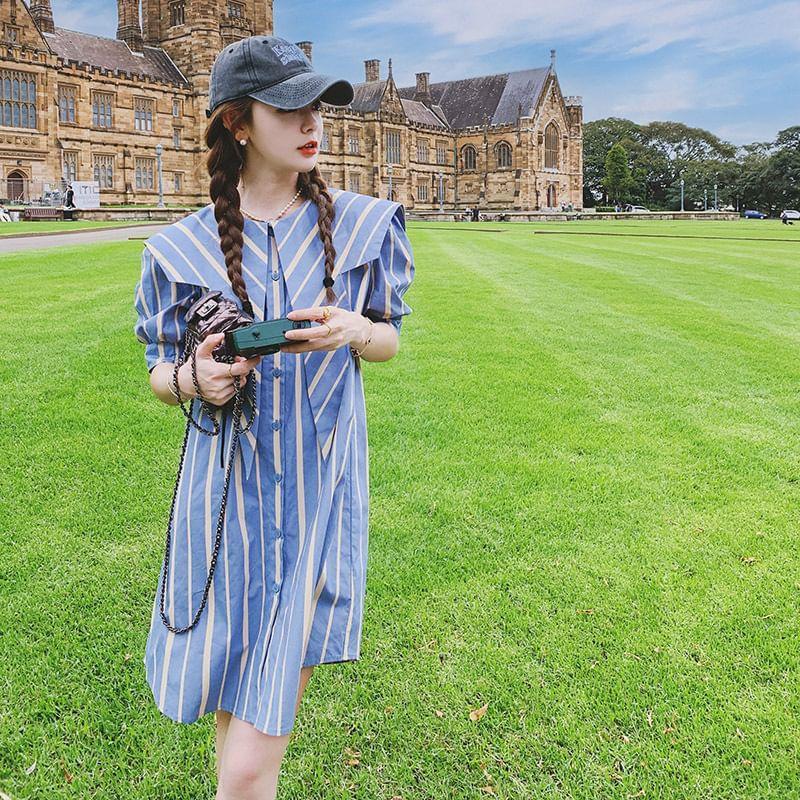 Puff-Sleeve Sailor Collar Striped Shirt Dress Product Image