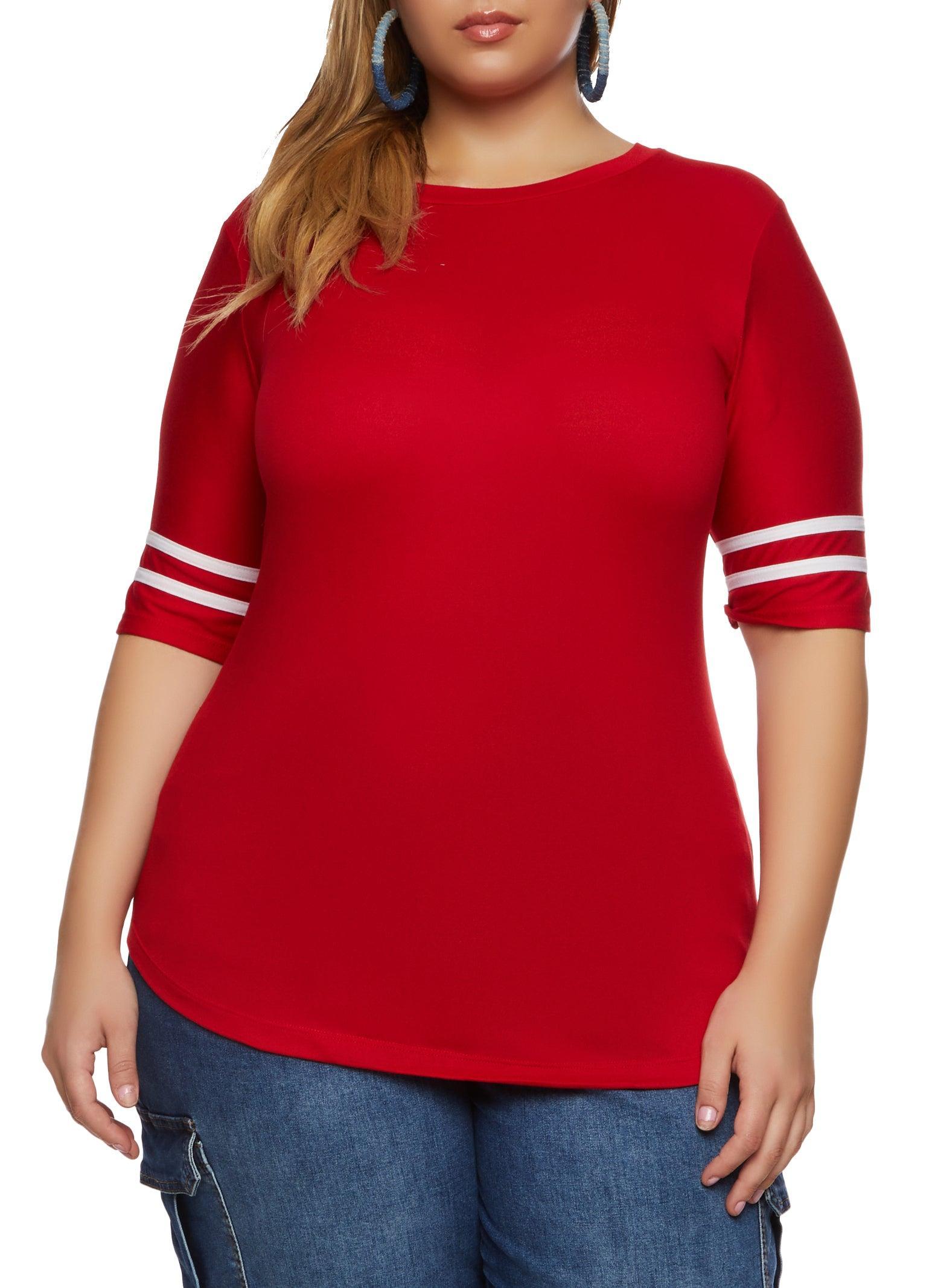 Womens Plus Size Varsity Striped Sleeve T Shirt Product Image