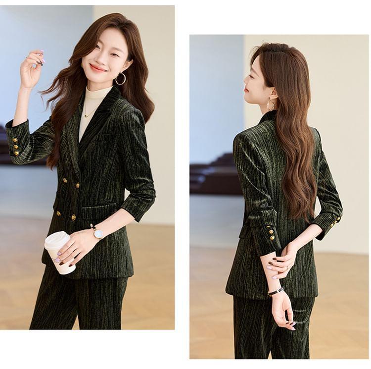 Lapel Collar Plain Corduroy Double Breasted Blazer / Mid Waist Plain Wide Leg Suit Pants / Set Product Image