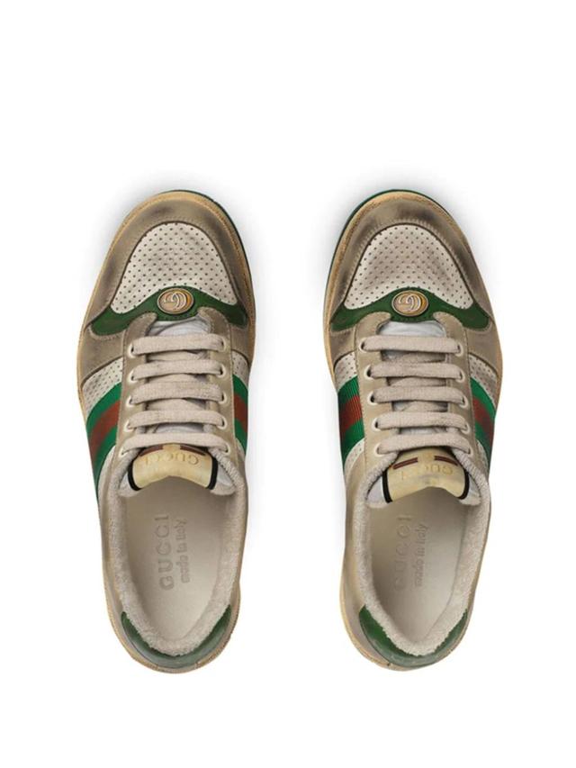 GUCCI Screener Embellished Canvas-trimmed Distressed Leather Sneakers In Light Beige Product Image