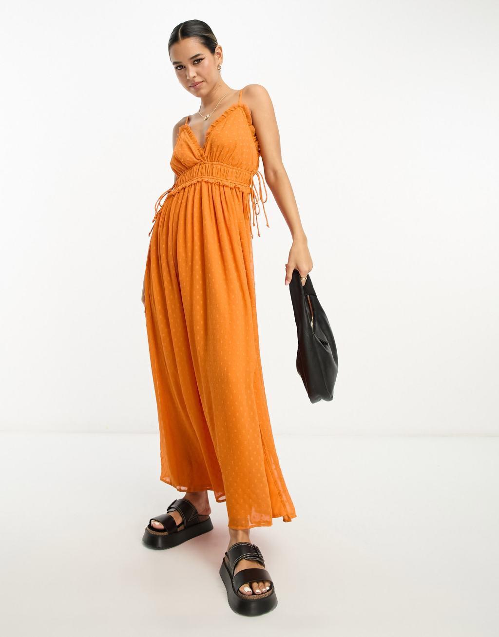 ASOS DESIGN elasticized ruffle waist midi slip dress in orange texture  Product Image