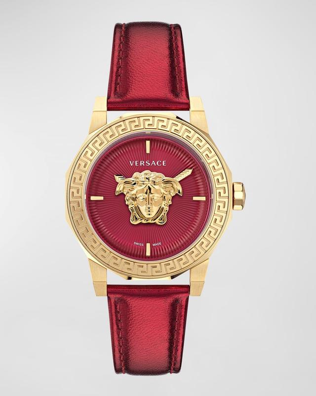 Versace Womens Medusa Deco Quartz Analog Red Leather Strap Watch - IP Yellow Gold Product Image