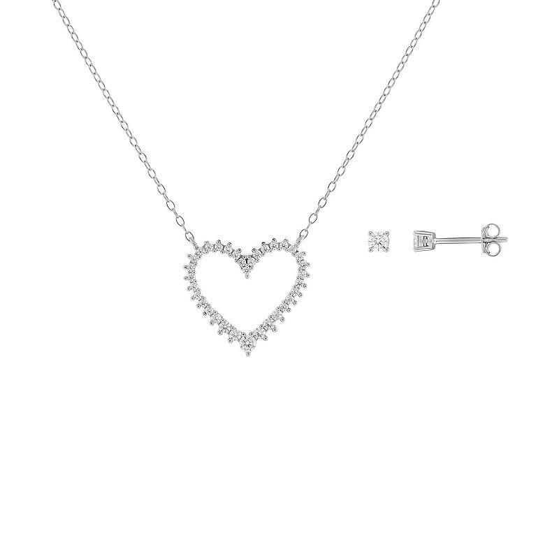 PRIMROSE Sterling Silver Cubic Zirconia Open Heart Necklace & Stud Earrings Set, Womens Sterling Silver White Product Image