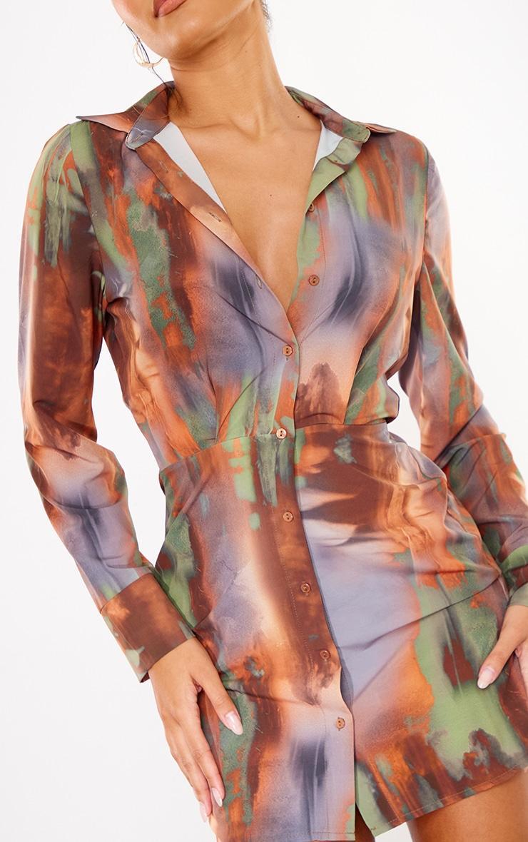 Brown Abstract Printed Long Sleeve Shirt Dress Product Image