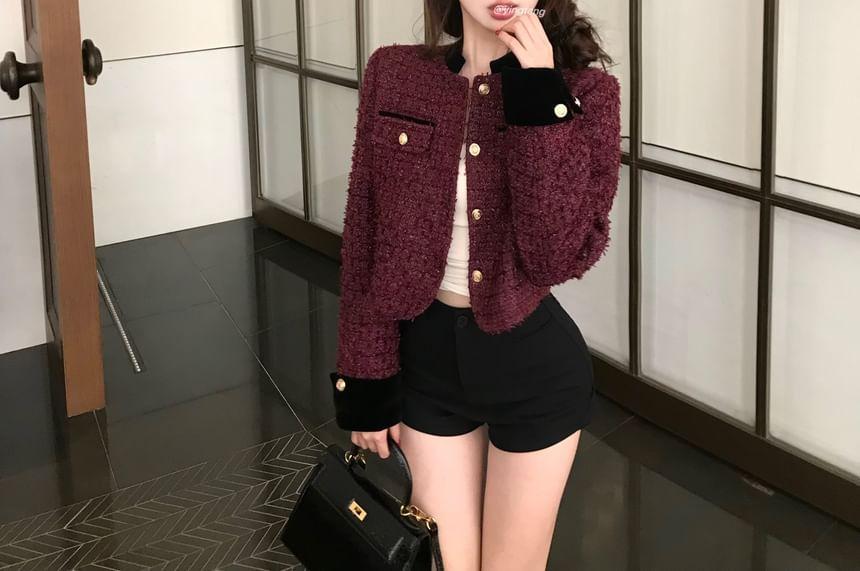 Cropped Round-Neck Tweed Jacket Product Image