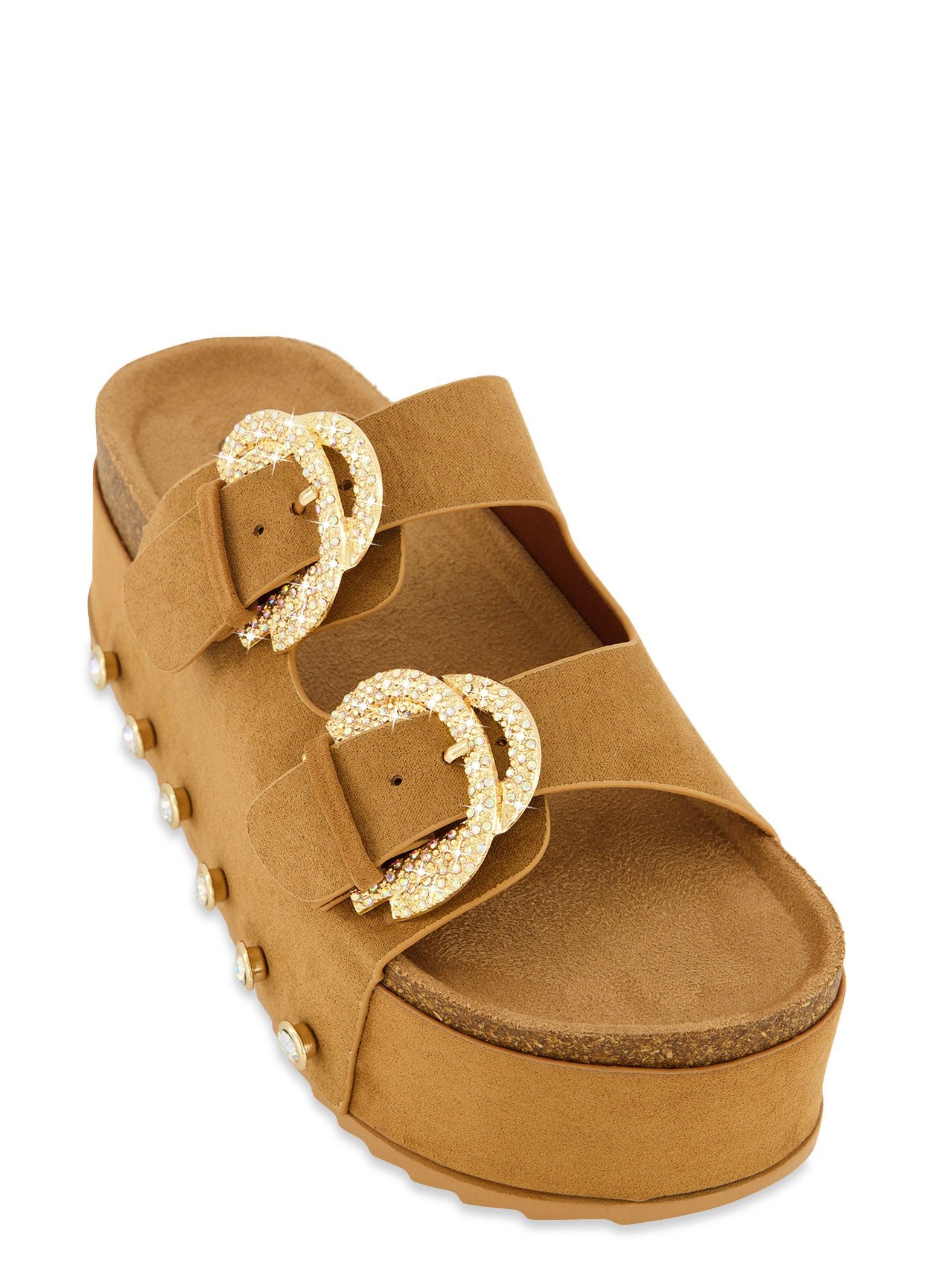 Womens Faux Suede Rhinestone Buckle Platform Footbed Sandals product image